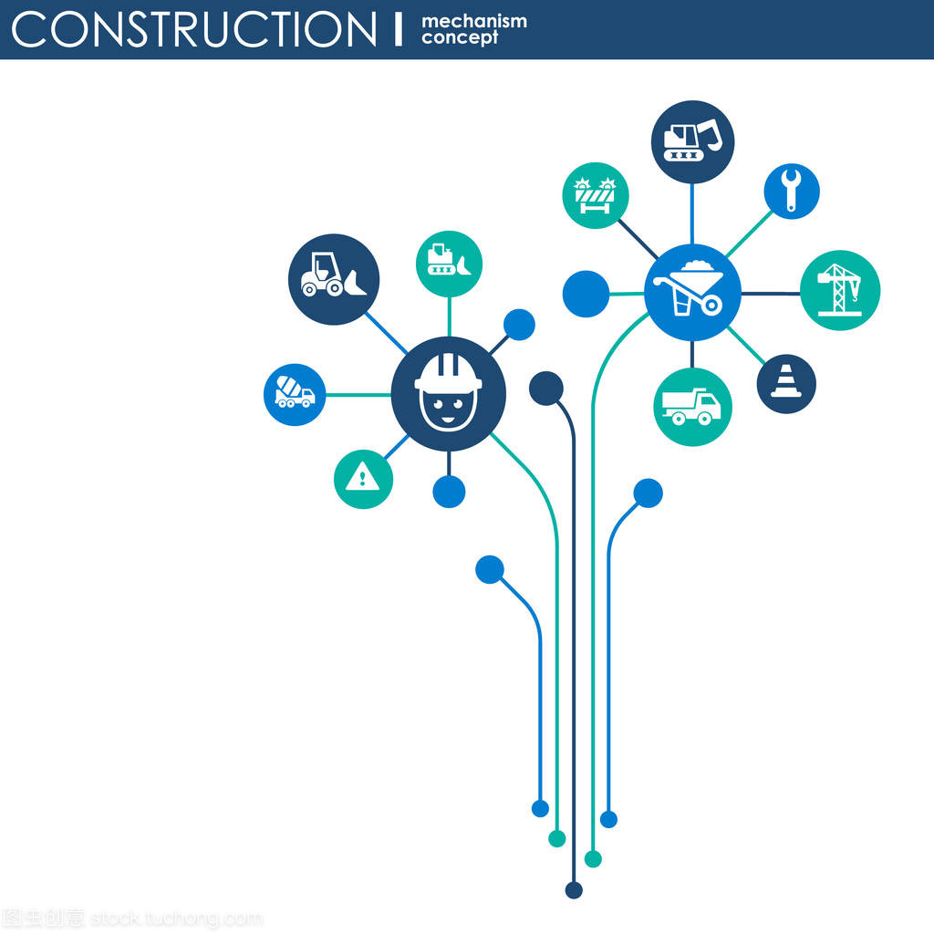 建設網絡。六角形抽象背景與線條、 多邊形和綜合平面圖標。連接符號生成、 工業、 建筑設計、 工程的概念。矢量